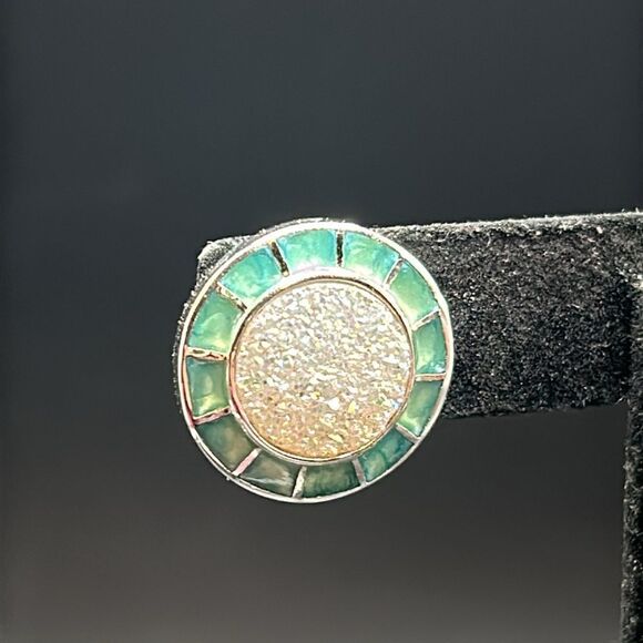 925 UTC Sterling Silver Druzy Stone Enamel Border Button Earrings - Picture 6 of 7